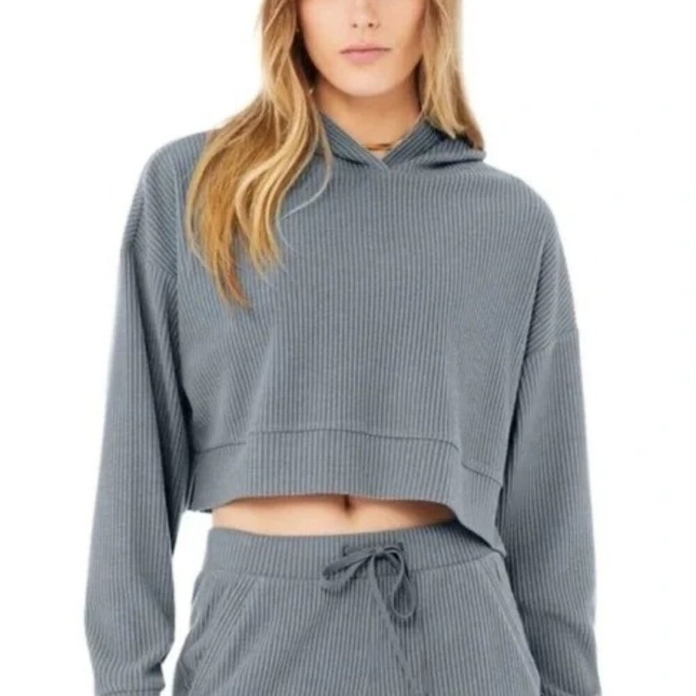 Cropped Ribbed Hoodie Sweater - Gray